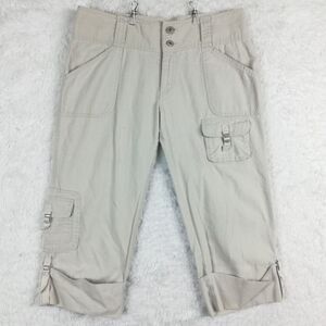 Womens Pants Capri Linen Blend Cargo Utility Wide Leg‎ Light Khaki Cuffed 12